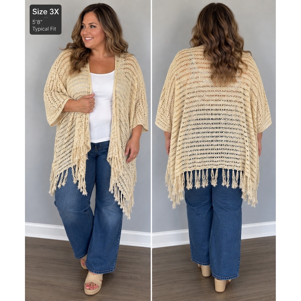 Catherines Metallic Gold Striped Open Knit Fringe Cardigan 3X 26/28W Cottagecore